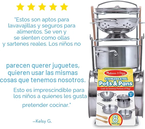 Miniatura 7 de Juego de Ollas y Sartenes de Acero Inoxidable de Melissa & Doug, 8 Piezas, 1, Multicolor