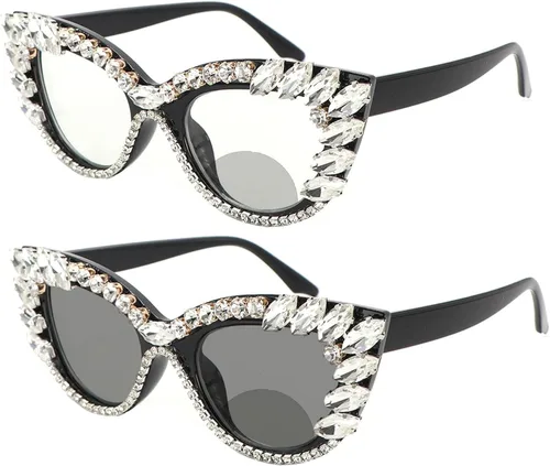 Miniatura 10 de helena Gafas de lectura bifocales con marco de diamantes de imitación fotocromáticos de transición al aire libre para mujeres con estilo ojo de gato