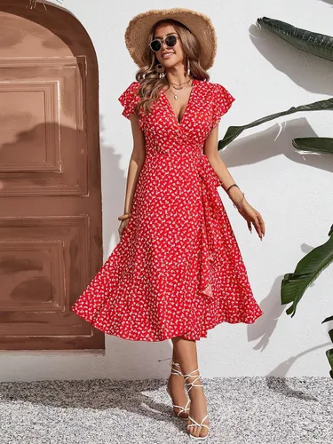 Miniatura 4 de WDIRARA Vestido midi cruzado de cintura alta con cuello en V y estampado floral para mujer