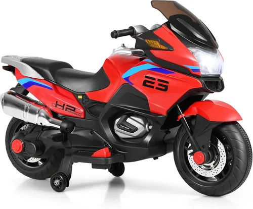 Costzon Motocicleta de Montar para Niños, Motocicleta Eléctrica de Batería de 12V con Ruedas de Entrenamiento, Luces LED, Música, Pedal, Rojo