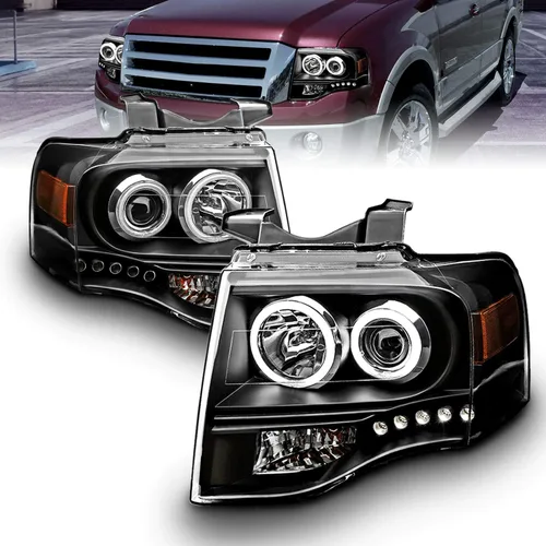 AmeriLite - Faros delanteros de proyector de halo LED Xtreme negros para Ford Expedition 2007-2014, lado del pasajero y del conductor