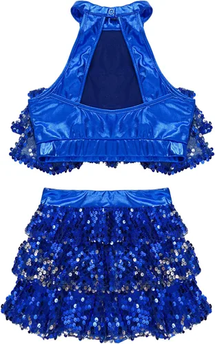 Miniatura 56 de JEATHA Top corto con borlas y lentejuelas brillantes para niñas, con minifalda, jazz latino, salsa, samba, rumba, baile