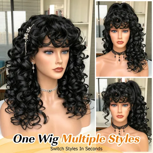 Miniatura 4 de Pelucas afro rizadas para mujeres negras, peluca larga y rizada con flequillo, fibra sintética esponjosa, sin pegamento, para cosplay y uso diario