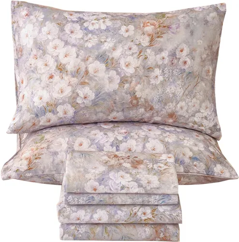 Miniatura 16 de Juego de sábanas de cama floral azul 100% algodón percal tamaño King, diseño vintage chic shabby, con patrón de peonía, ropa de cama suave y Monet