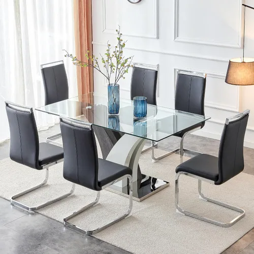 Miniatura 13 de AZmac Juego de mesa de comedor de cristal para 4, juego de mesa de comedor de 63 pulgadas para 4, mesa de cocina moderna y 4 sillas de comedor