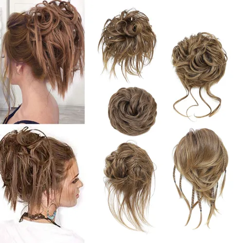 Miniatura 15 de 5 piezas de extensiones de cabello para moños desordenados con banda elástica de goma para mujeres, extensiones de cola de caballo con horquillas