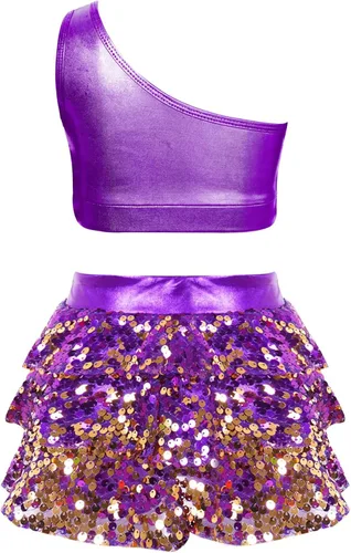 Miniatura 34 de JEATHA Top corto con borlas y lentejuelas brillantes para niñas, con minifalda, jazz latino, salsa, samba, rumba, baile