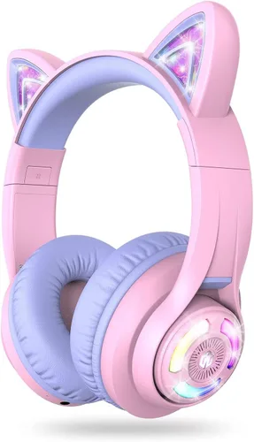 iClever Cat Ear - Auriculares Bluetooth para niños, luces LED que se iluminan, volumen seguro limitado de 74/85 dBA, tiempo de reproducción de 50