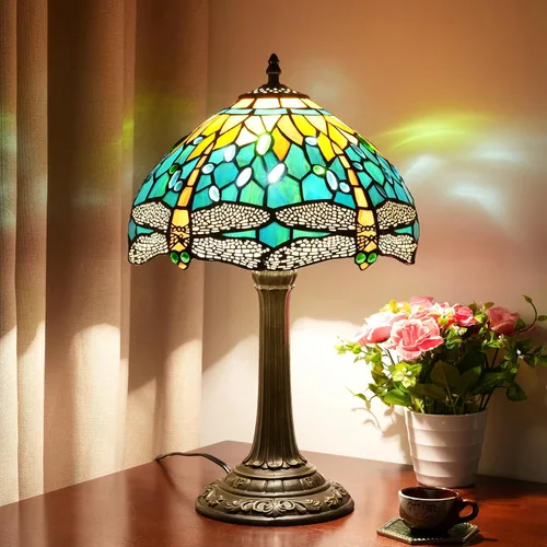 Miniatura 8 de Lámpara Tiffany Estilo Libélula Verde Lámparas de Vidrio Emplomado Verde Azulado Lámpara de Mesa de Dormitorio Mesita de Noche para Dormitorio