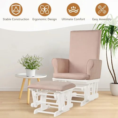 Miniatura 8 de Costzon Juego de mecedora y otomana, muebles de madera para bebé, para siesta y lectura, enfermería, silla mecedora cómoda tapizada limpiable
