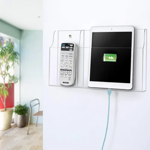 Miniatura 2 de VANCORE Soporte de teléfono transparente montado en la pared, soporte acrílico para control remoto, organizador de medios con agujeros para cargar
