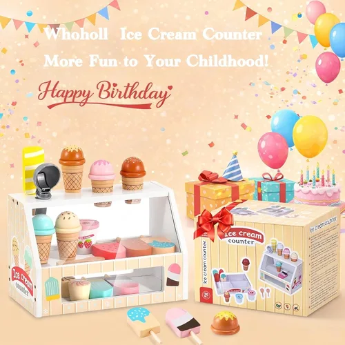 Miniatura 7 de WHOHOLL Juguetes de helado de madera para niños, juguete de simulación para niños pequeños, accesorios de cocina con cuchara, menú, juego de helado