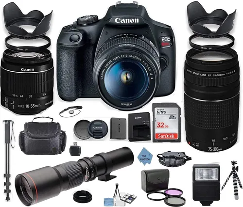 Canon Cámara DSLR EOS Rebel 2000D con lente is II de 0.709-2.165 in + lente Canon EF 2.953-11.811 in f/4-5.6 III y lente preestablecida de 19.685 in
