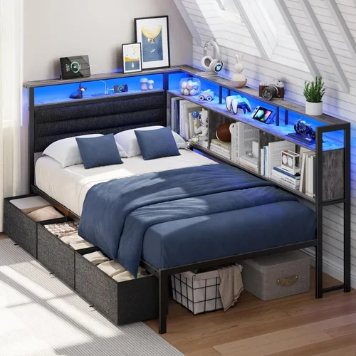 Miniatura 10 de OURPIC Marco de cama esquinero con estantería de almacenamiento y luces LED, marcos de cama de tamaño individual con cabecera tapizada y estación