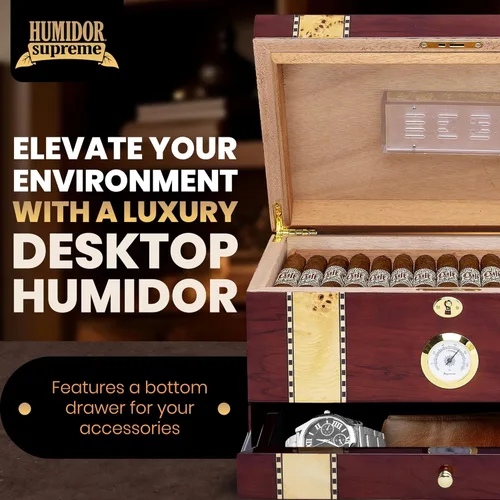 Miniatura 7 de Humidor Supreme Solana de escritorio para puros con cajón de accesorios, bandeja de cedro español y divisores Caja de almacenamiento para puros