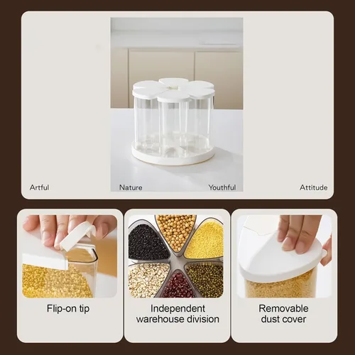 Miniatura 6 de Dispensador de granos – Contenedor de almacenamiento giratorio de 6 rejillas, dispensador de cereales y aperitivos, mantiene la harina, el azúcar