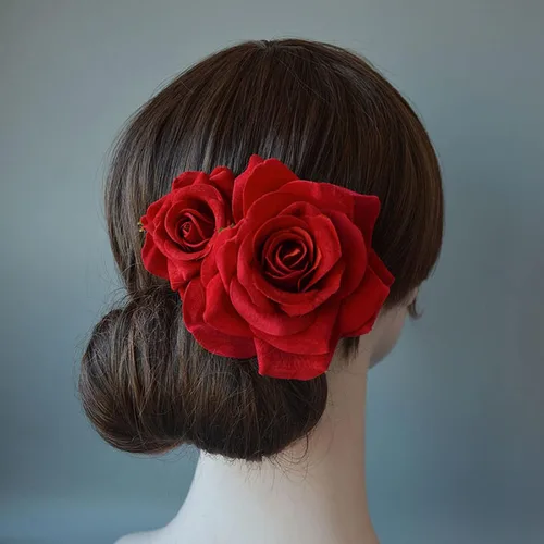 Miniatura 4 de Peines de pelo de flores, flor de rosa, bohemia, horquilla, disfraz de novia, decoración de pelo para fiesta, boda, rojo (1 unidad)