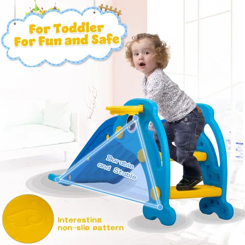 Miniatura 6 de NYEEKOY Tobogán 3 en 1 para niños pequeños, tobogán para bebés, juego de escalador de plástico con aro de baloncesto y pelota, patio de juegos Azul