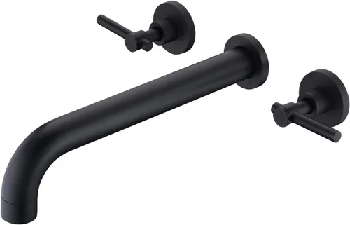 Llenador de Bañera de Montaje en Pared Negro Mate Grifo de Bañera de Alto Flujo Dos Manijas Latón Sólido, Alcance de Caño Largo, sumerain