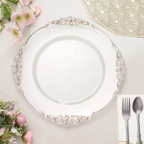 Miniatura 17 de Tableclothsfactory Paquete de 6 platos barrocos redondos de oro transparente de 13 pulgadas, borde en relieve de hojas para decoración de mesa