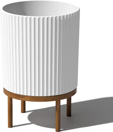 Miniatura 44 de Veradek Demi Series - Maceta redonda con soporte para porche o patio, compuesto de piedra de plástico duradero y soporte de madera, decoración