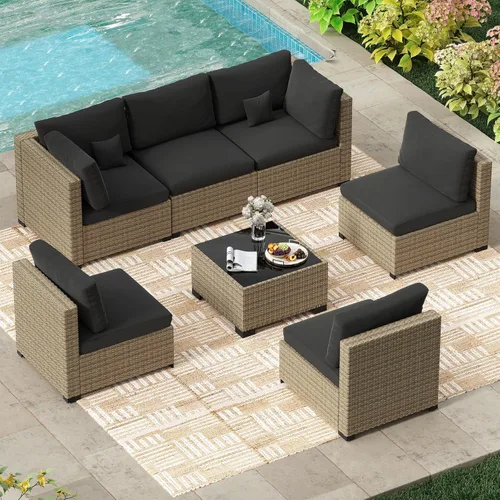 Miniatura 14 de LHBcraft Juego de muebles de patio de 7 piezas, seccionales para exteriores, tejido manual para todo tipo de clima, sofá seccional de mimbre de Ye-bk