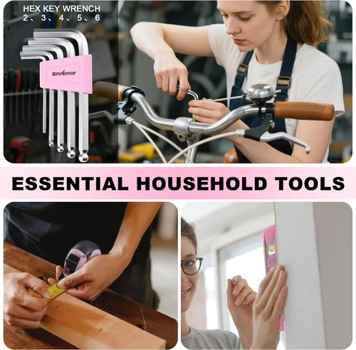 Miniatura 7 de Enventor Juego de herramientas rosas para mujeres, kit de herramientas manuales para el hogar general de 146 piezas con caja de herramientas