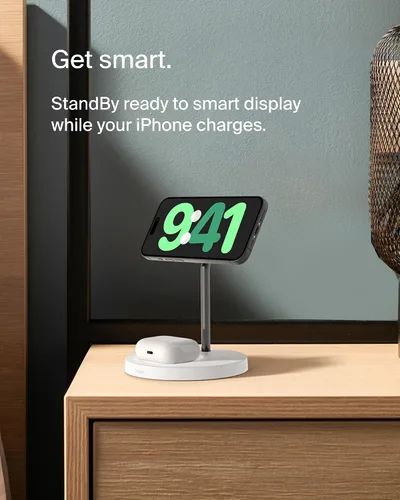 Miniatura 3 de Belkin MagSafe - Soporte de carga inalámbrica 2 en 1 para Apple iPhone 15, iPhone 14, iPhone 13, iPhone 12 y AirPods, estación de carga rápida Blanco