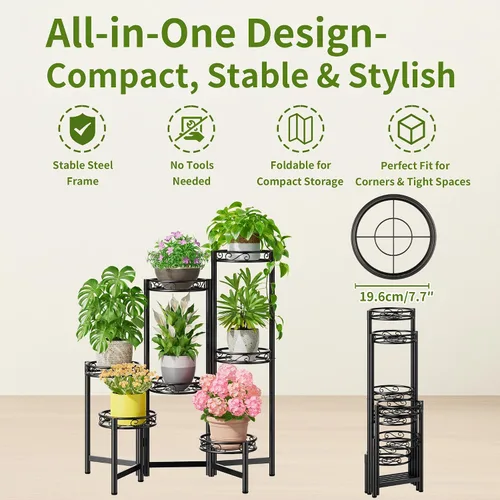 Miniatura 5 de Soporte de metal para plantas de 7 niveles, estante alto de hierro forjado para plantas para interiores, exteriores, soporte plegable alto