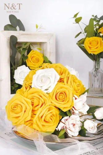 Miniatura 278 de N&T NIETING Flores artificiales, rosas artificiales de color rosa intenso, 50 piezas de flores falsas con tallo para ramos de boda DIY, centros