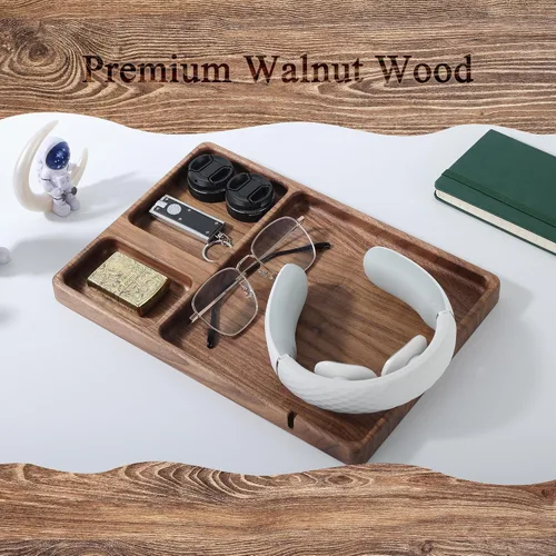 Miniatura 2 de Bandeja de valet de madera de nogal, organizador de mesita de noche para hombres, papá, bandeja Edc Catch All con ranura para cable