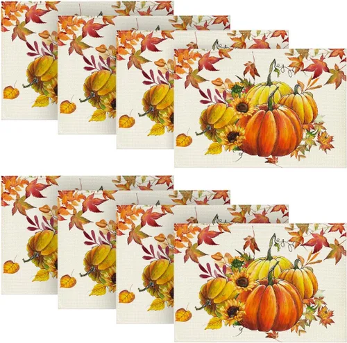 Miniatura 10 de Artoid Mode Juego de 2 manteles individuales de otoño con diseño de calabazas, hojas de arce, girasol, 12 x 18 pulgadas, manteles individuales