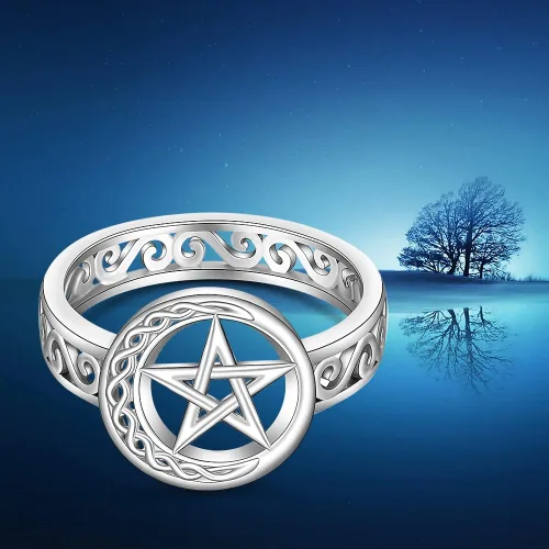 Miniatura 6 de Talonior Anillo de pentagrama con pentáculo para mujer, nudo celta, luna creciente, bruja, wicca, anillos paganos, plata de ley, amuleto, estrella