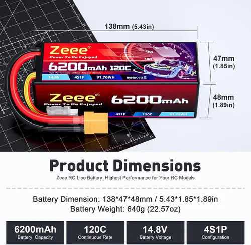 Miniatura 2 de Zeee 4S Lipo Batería 6200mAh 14.8V 120C con conector XT90 Estuche rígido Batería RC para coche, camión, tanque RC Buggy Truggy RC modelos