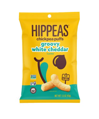 Hippeas Chickpea Puffs, Cheddar blanco vegano, 1.5 onzas (paquete de 1), 0.25 onzas de proteína, 0.11 onzas de fibra, vegano, sin gluten,