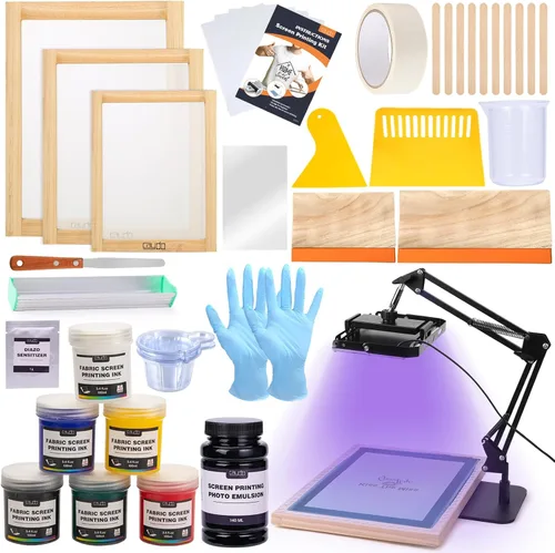 Caydo Kit de impresión de pantalla de 54 piezas con luz LED de 50 W, pantalla de exposición UV de 50 W, tinta de impresión de pantalla de 6 colores,