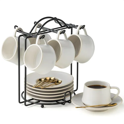Miniatura 10 de YHOSSEUN Juego de 6 Tazas de Café Espresso de Cerámica, Tazas de Shots de Espresso de 4 Oz con Soporte, Platillos y Cucharas, Tazas Pequeñas de Café