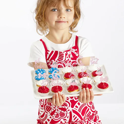 Miniatura 6 de 24 piezas de adornos para cupcakes con lazo con purpurina, vestido de luna Oh Baby para revelación de género, baby shower, fiesta de cumpleaños