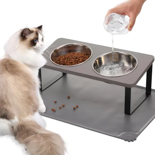 Miniatura 15 de Cuencos elevados mejorados para gatos con alfombrilla para comida, soporte inclinado a 15° anti-vómito, cuencos elevados para gatos para comida