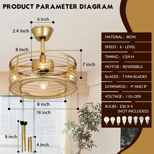 Miniatura 4 de Chinco Star Ventilador de Techo Enjaulado con Luz, Ventilador de Techo Fandelier Dorado y Control Remoto - Motor Reversible, Viento de 6