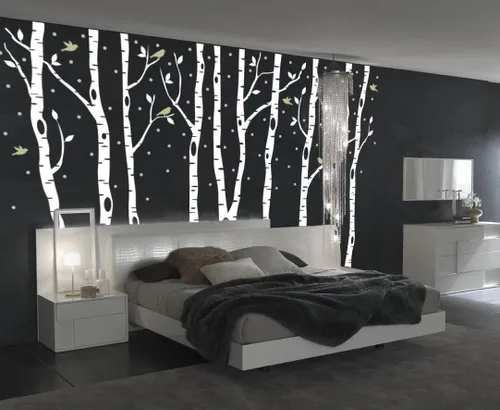 Miniatura 2 de Innovative Stencils Calcomanía de vinilo de abedul para pared, bosque con pájaros de nieve y ciervos, extraíble (9 árboles) #1161