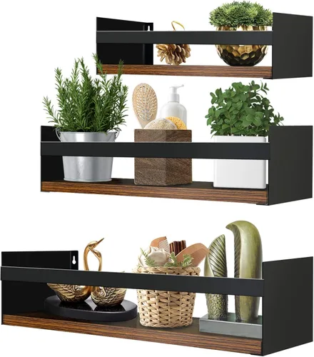 Miniatura 7 de Giftgarden Juego de 3 estantes flotantes negros para pared, estante de pared grueso industrial con soporte de riel de hierro para almacenamiento