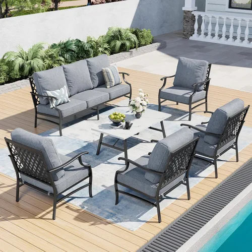 Miniatura 16 de SUNSHINE VALLEY Juego de muebles de patio al aire libre de 7 piezas, moderno juego de conversación de patio exterior con cojín extra grueso de 5.75