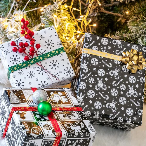 Miniatura 4 de LeZakaa Mini rollo de papel de regalo de Navidad, diseño de campana y árbol/bastones de caramelo/copos de nieve, blanco y negro, para envolver