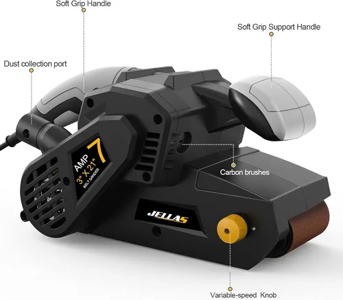 Miniatura 9 de Jellas Lijadora de banda de 3 × 21 pulgadas con bolsa para el polvo, máquina lijadora de 7 amperios con control de velocidad variable, adaptadores
