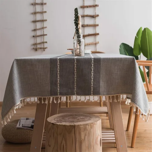 Miniatura 8 de Dimatic Mantel de Algodón y Lino de Peso Pesado - Mantel Redondo de 60 Pulgadas - Cubierta de Mesa con Costura de Borlas para Decoración de Beige