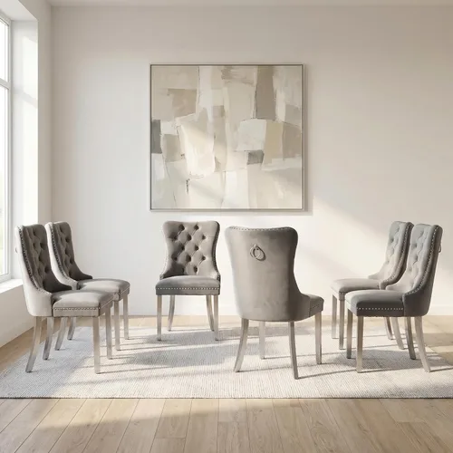 Miniatura 113 de OVENTA Juego de 4 sillas de comedor modernas tapizadas copetudas, terciopelo negro y gris y cuero con patas de madera maciza, sillas de cocina
