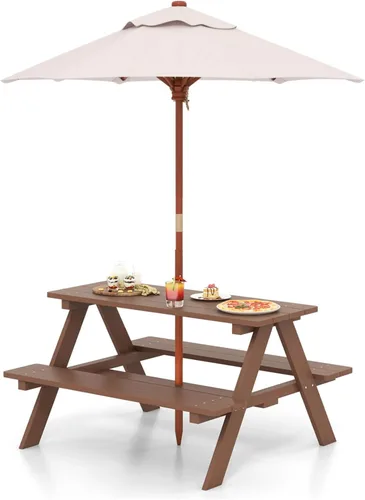 Miniatura 9 de HONEY JOY Mesa de picnic para niños, juego de mesa y banco de madera de abeto para exteriores con paraguas plegable y extraíble, mesas de picnic