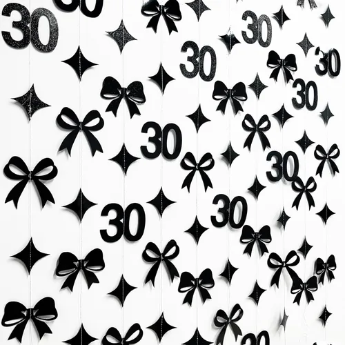 Miniatura 4 de Decoraciones de cumpleaños negras con lazo del 30 aniversario, guirnalda de lazos coquette con purpurina, pancarta serpentina para mujeres
