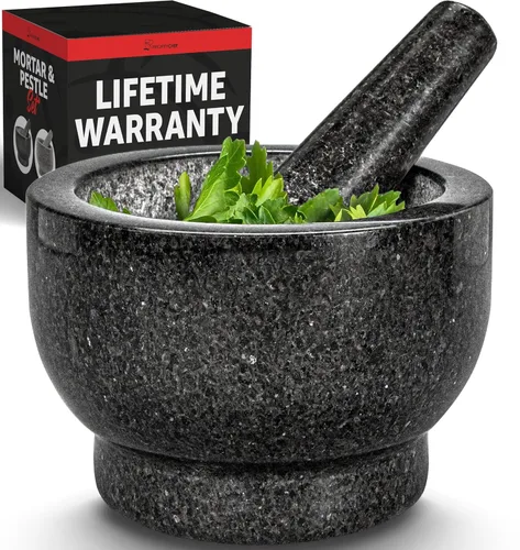 PriorityChef - Juego grande de mortero y mortero, 2 tazas, cuenco de mortero de granito 100% natural y molinillo de piedra de mortero, cuenco de